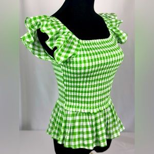 Draper James RSVP Green and White Checkered Peplum Top